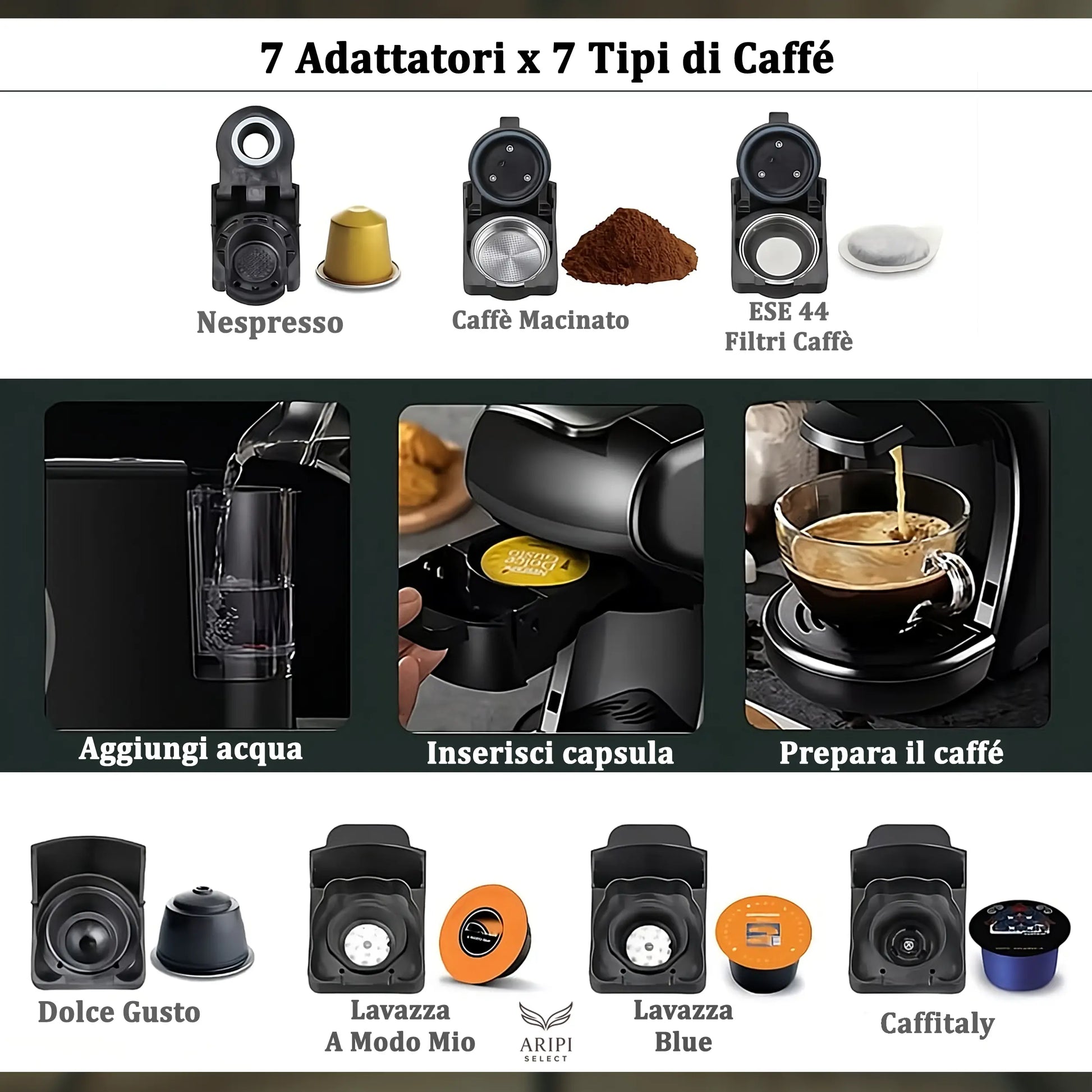 Macchina da Caffè 7 in 1 Camry colore bianco, 7 addottori x 7 tipi di caffè