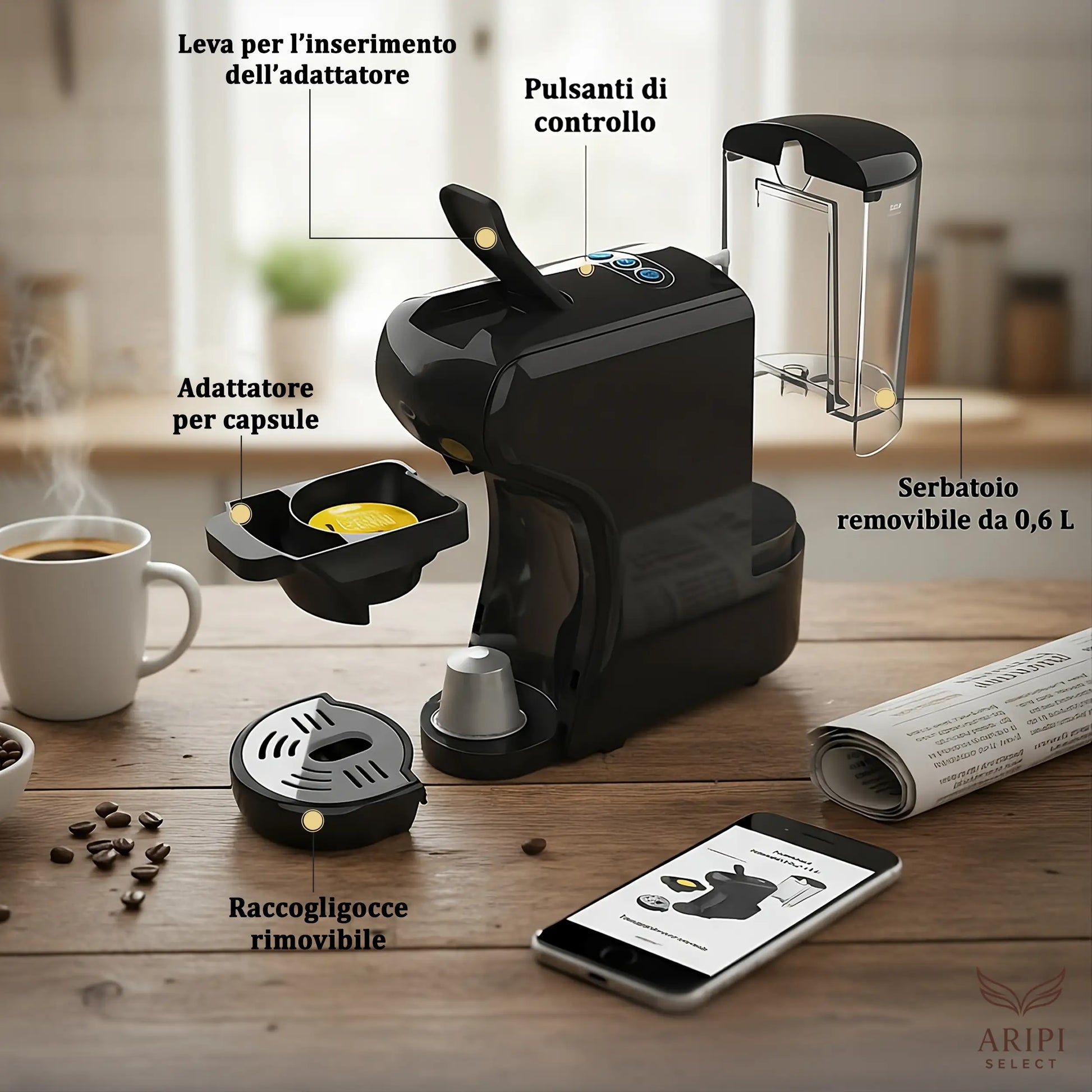 Macchina da Caffè 7 in 1 Camry colore nero , dettagli 