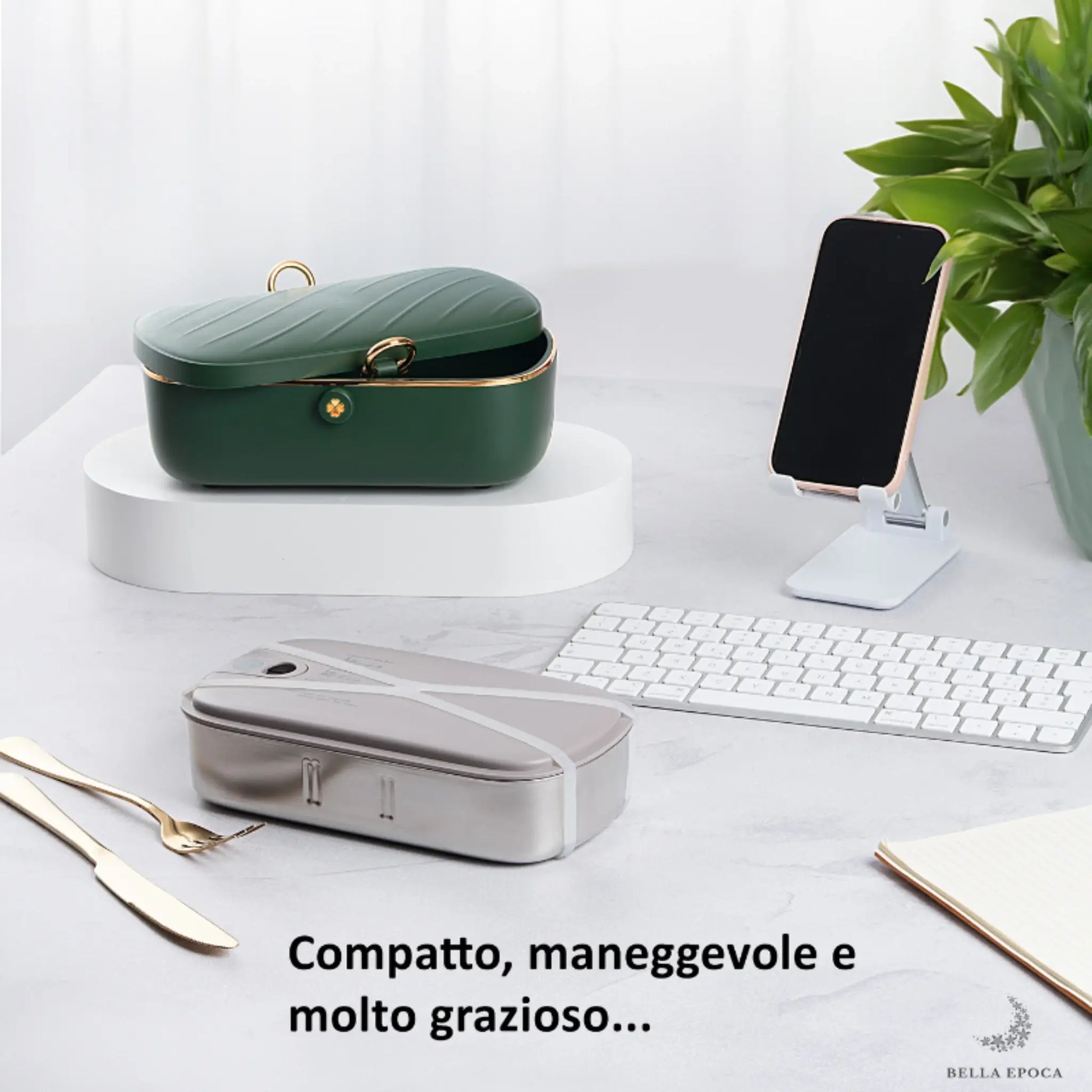 Scaldavivande elettrico portatile Bella Epoca colore verde smeraldo, bello da vedere in ufficio