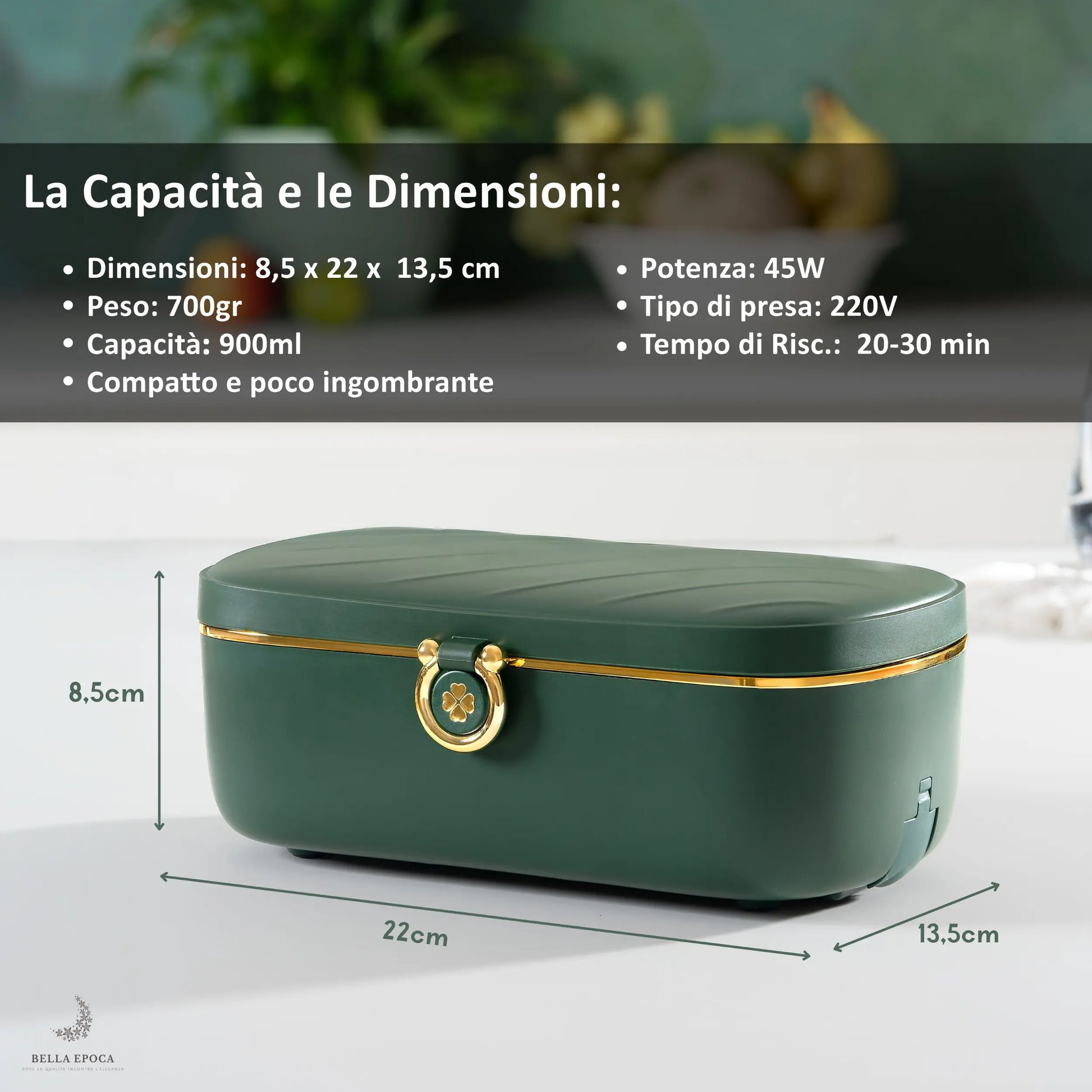 Scaldavivande elettrico portatile verde smeraldo Bella Epoca, dettagli tecniche 