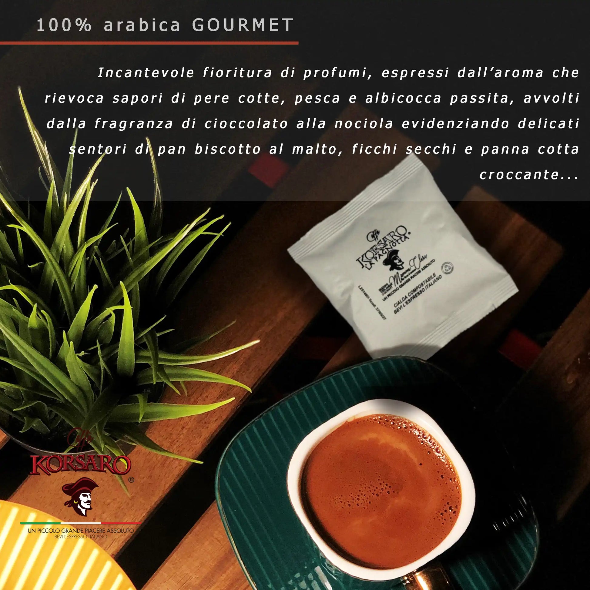 Tazza di caffè Korsaro HASHTAG e bustina. Fragranza di cioccolato alla niciola