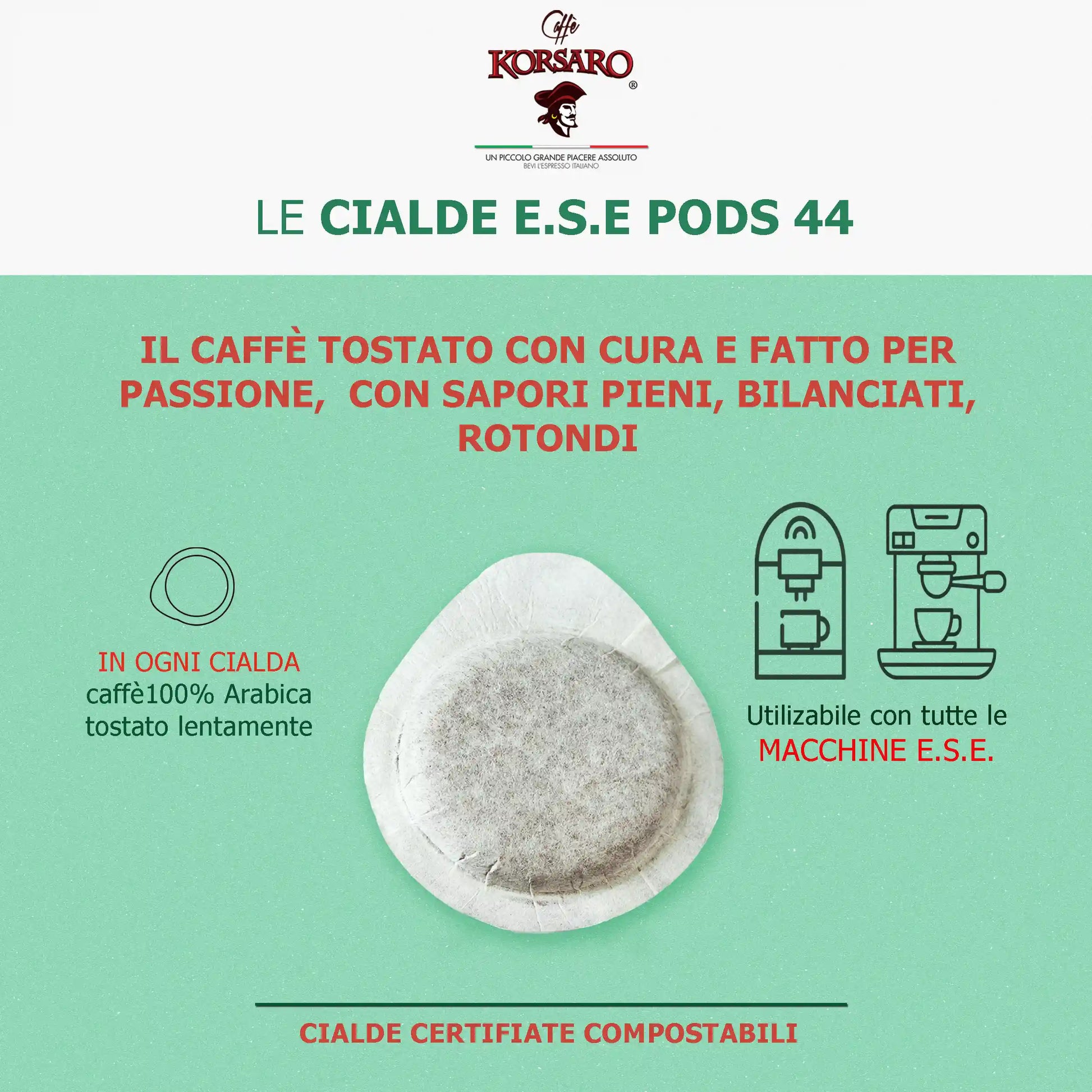 Cialde ESE 44 Korsaro compostabili, compatibili con macchine ESE. Caffè decaffeinato 100% Arabica.