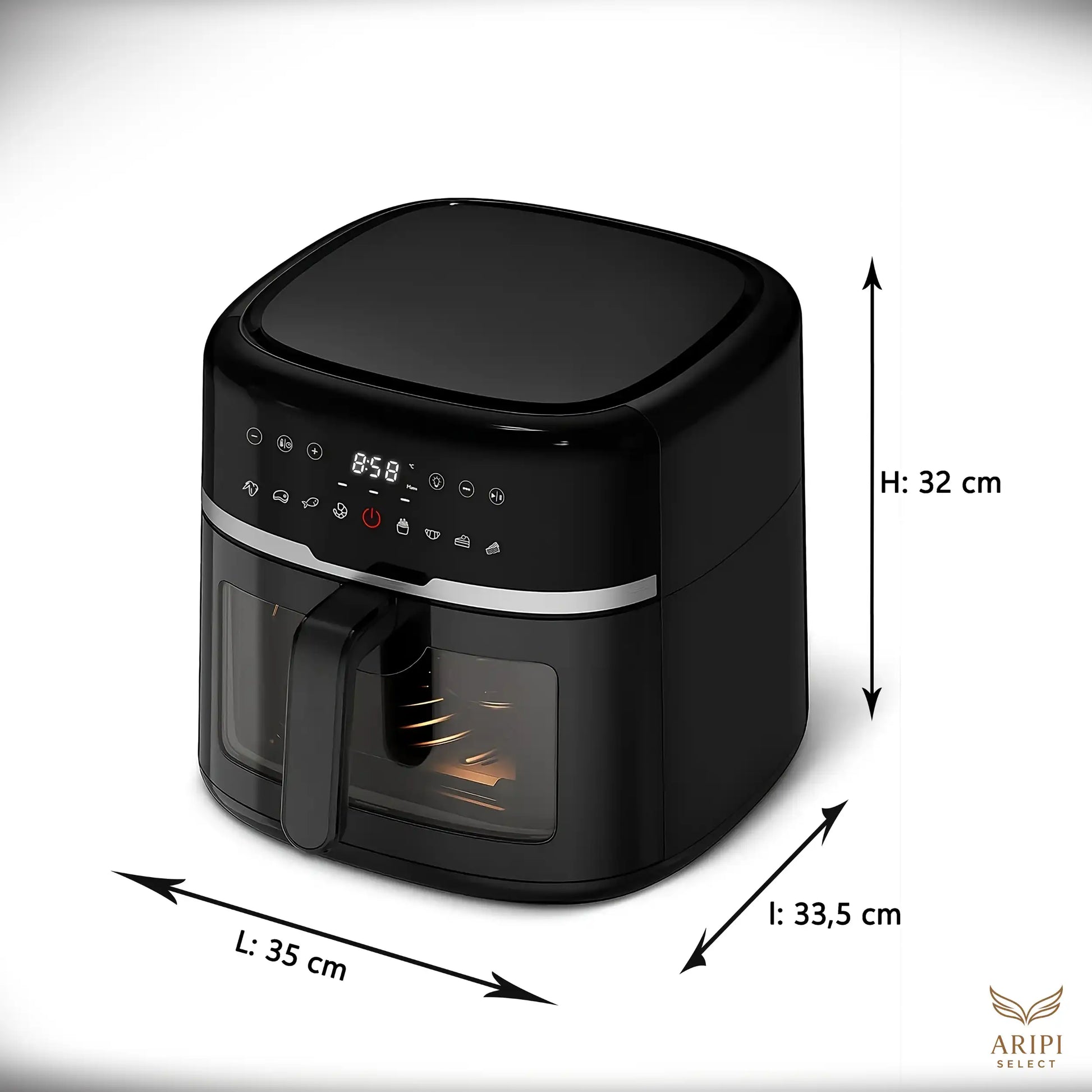 Dimensioni precise della Friggitrice ad Aria 8 Litri XXL: Altezza 32 cm, Larghezza 35 cm.