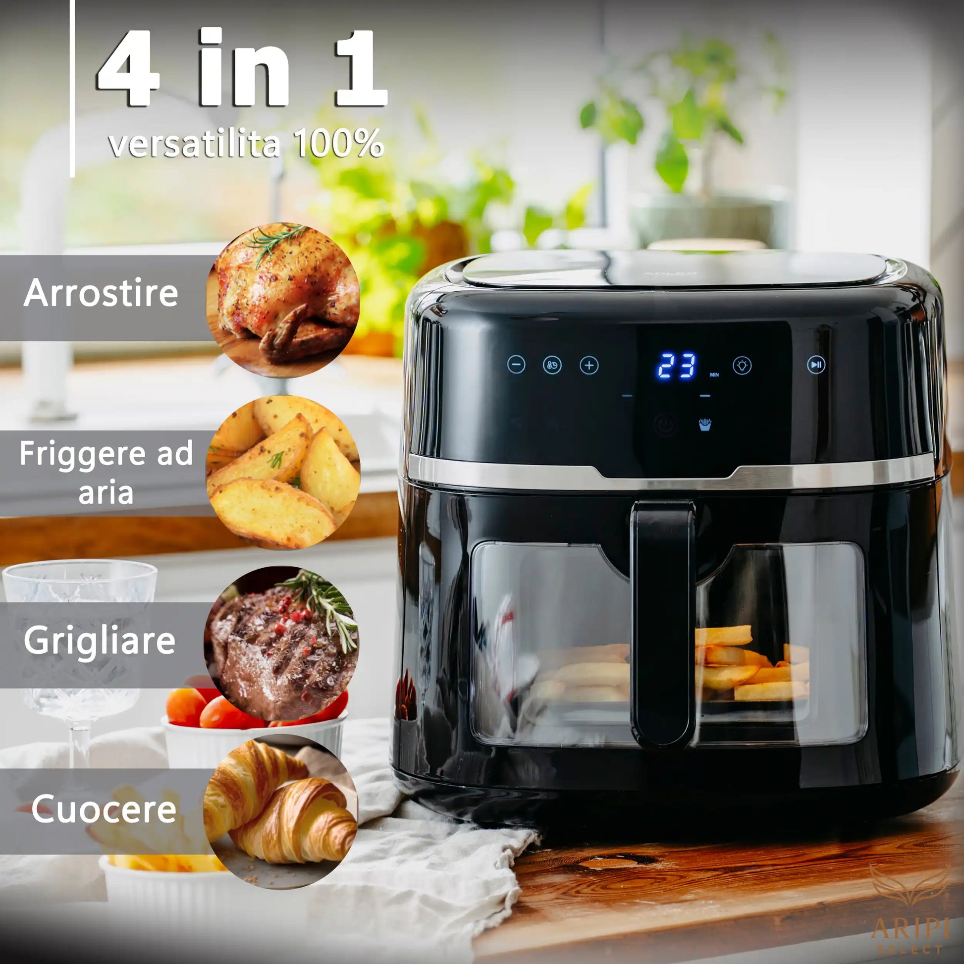 Versatilità 4 in 1: Friggitrice ad Aria Digitale per Arrostire, Friggere, Grigliare e Cuocere.