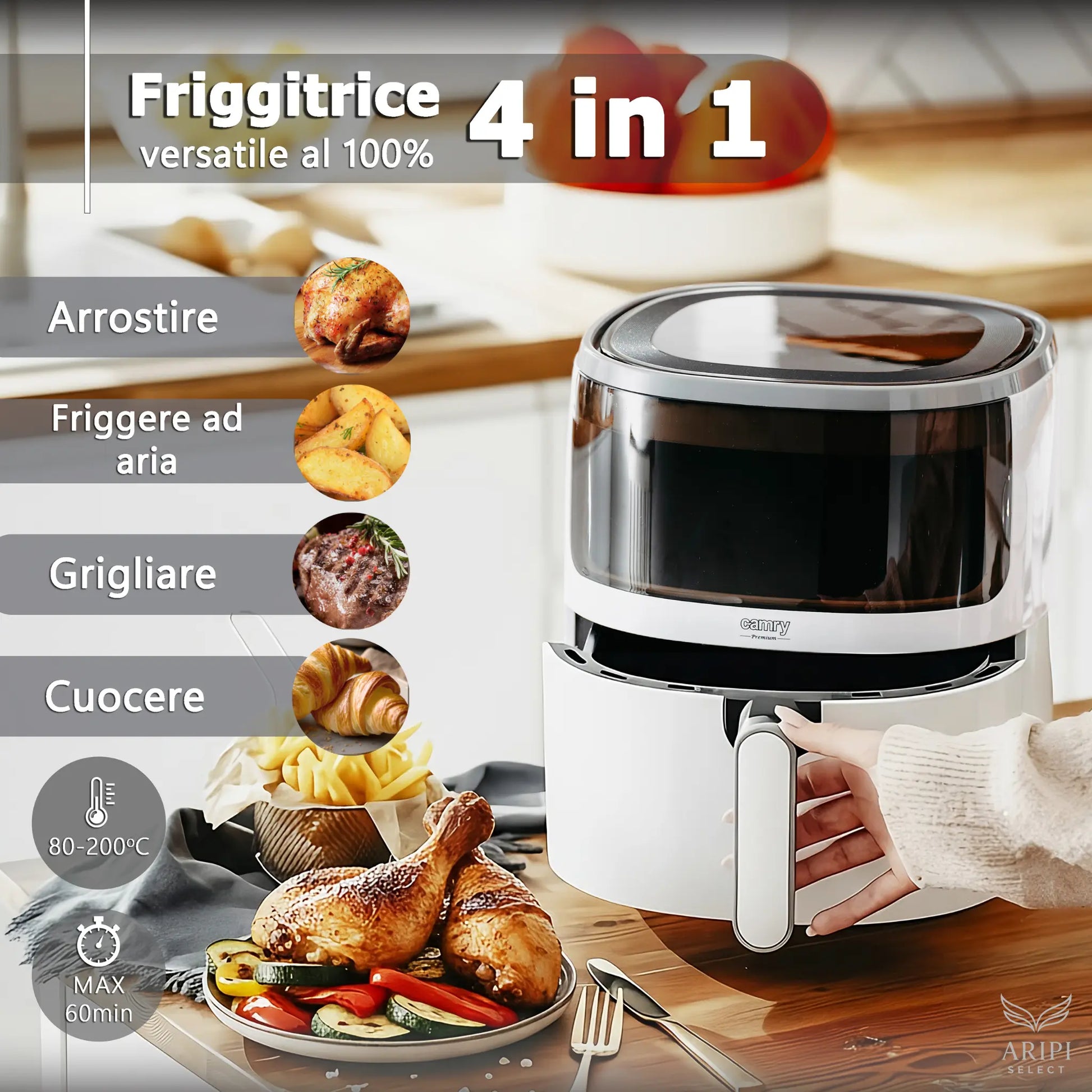 Friggitrice ad aria bianca versatile 4 in 1: Arrostire, Friggere ad aria, Grigliare e Cuocere. Temperatura 80-200°C.