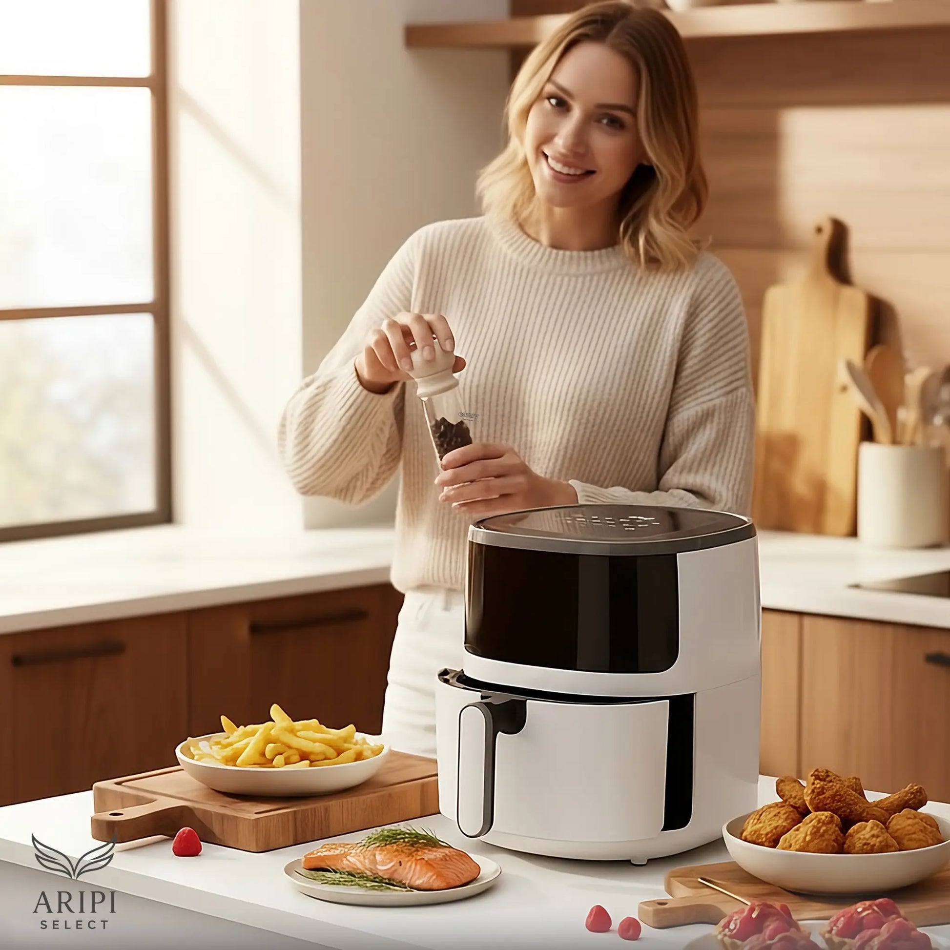 Donna in cucina prepara un pasto salutare utilizzando la friggitrice ad aria bianca da 5L, con pollo e patatine.