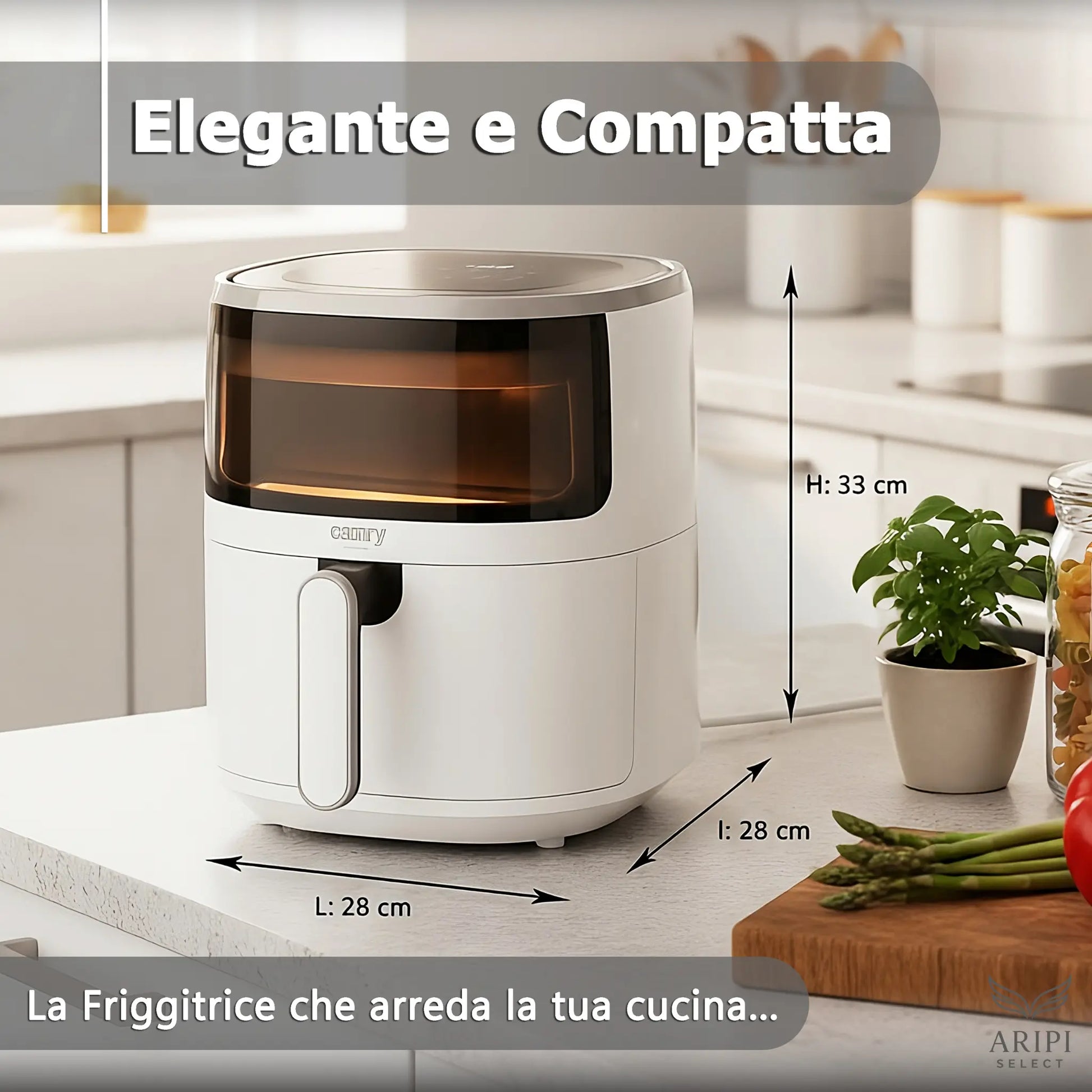 Friggitrice ad aria elegante e compatta, dimensioni 28 cm (L) x 28 cm (l) x 33 cm (H).