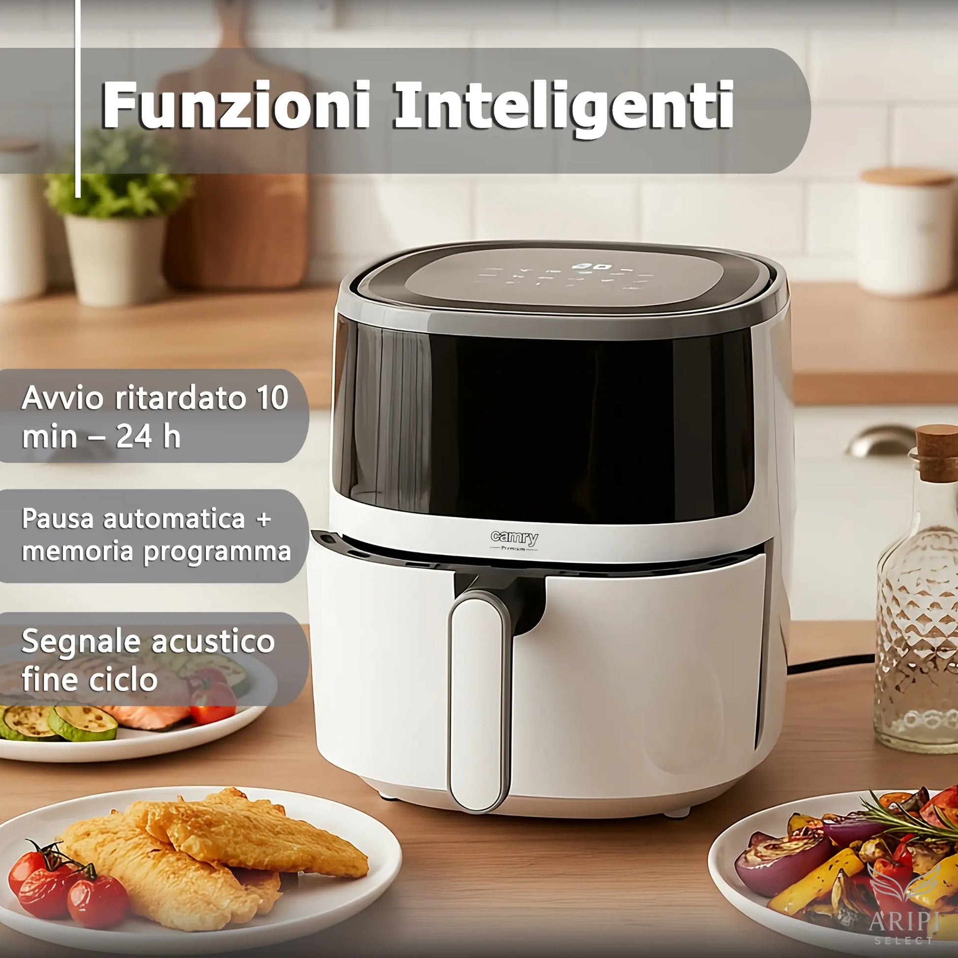 Friggitrice ad aria con Funzioni Intelligenti: Avvio ritardato, Pausa automatica con memoria e Segnale acustico.