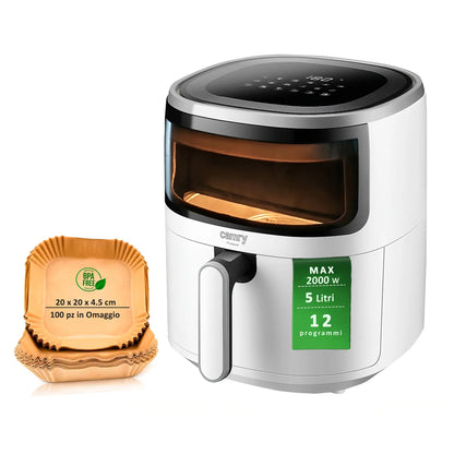 Friggitrice ad aria 5 litri 2000W con 12 programmi digitali e 100 pz di carta da forno BPA  in omaggio