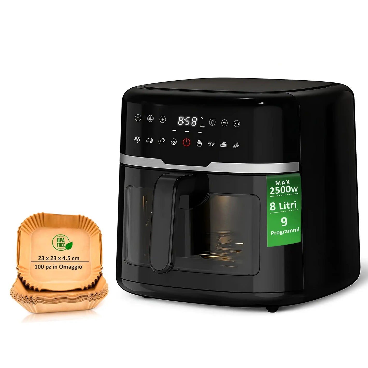 Friggitrice ad Aria 8 Litri XXL Digitale 2500W e 9 Programmi. In omaggio 100 fogli di carta forno.