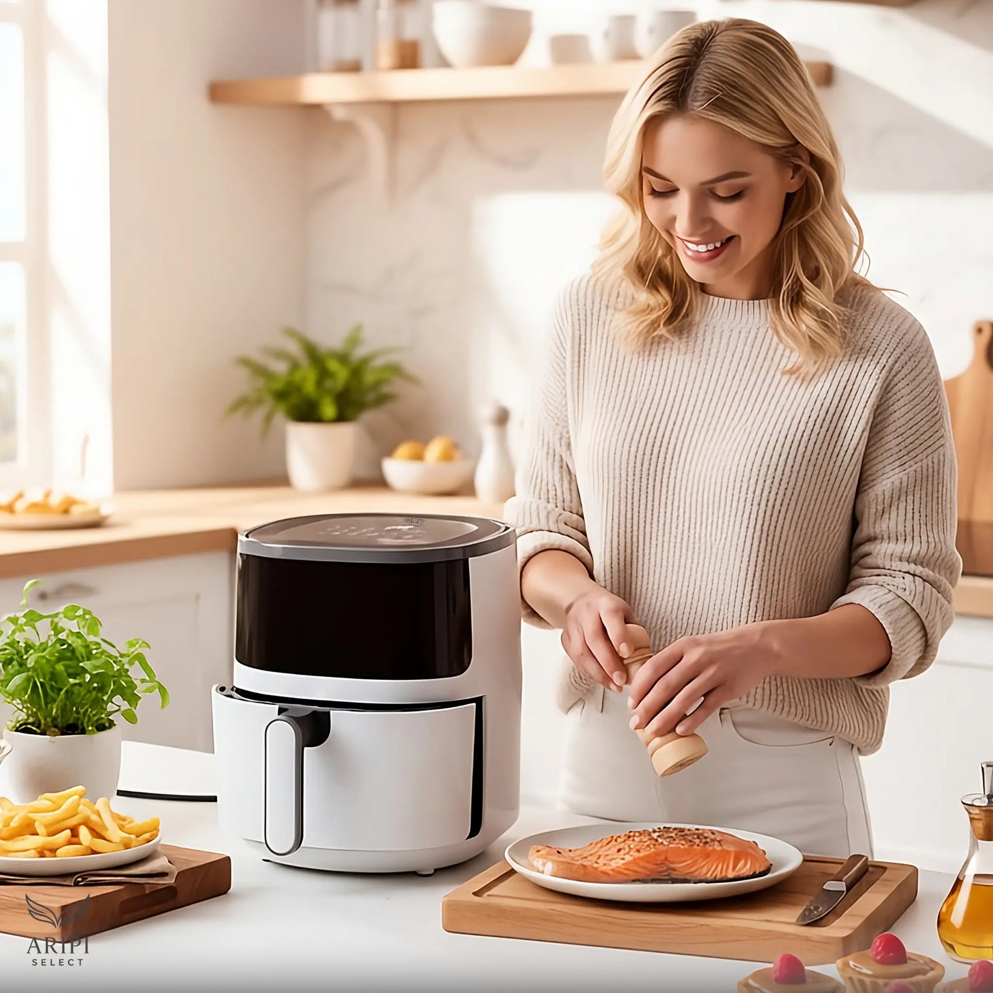 Bellissima donna in una cucina moderna prepara salmone e patatine con la friggitrice ad aria calda 5L.