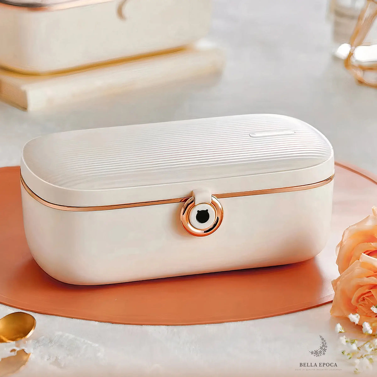 Scaldavivande portatile beige design Bella Epoca, chiusura con clip colore oro rosa/rame