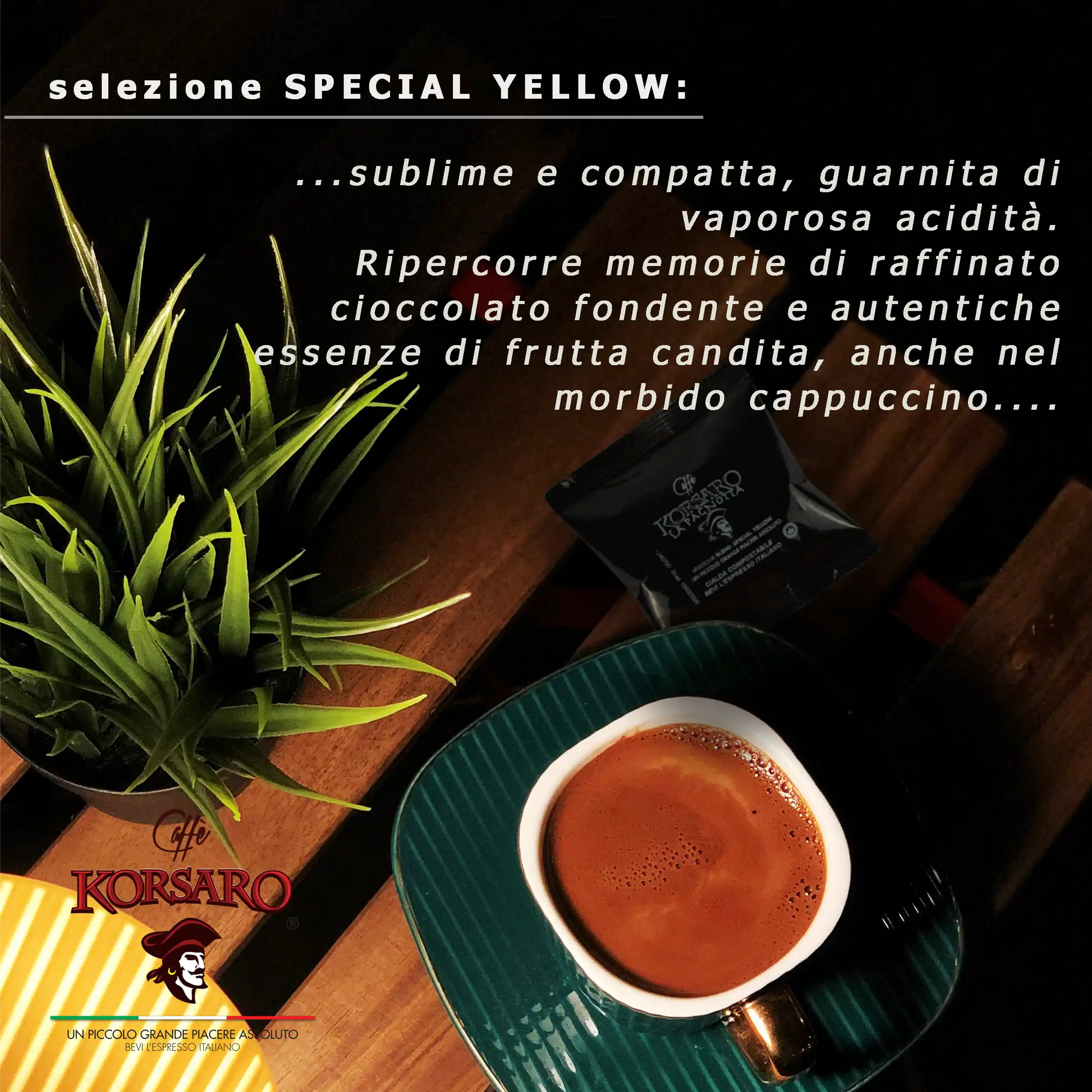 Tazza di caffè Special Yellow Korsaro (ESE 44) con crema. Gusto sublime per espresso e cappuccino